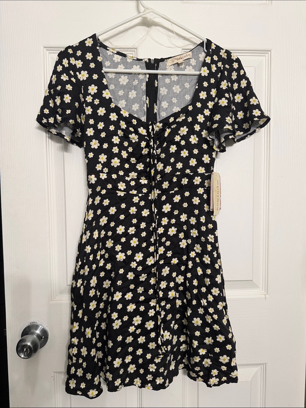 Rewind Black Mini Dress with White and Yellow Daisy Print